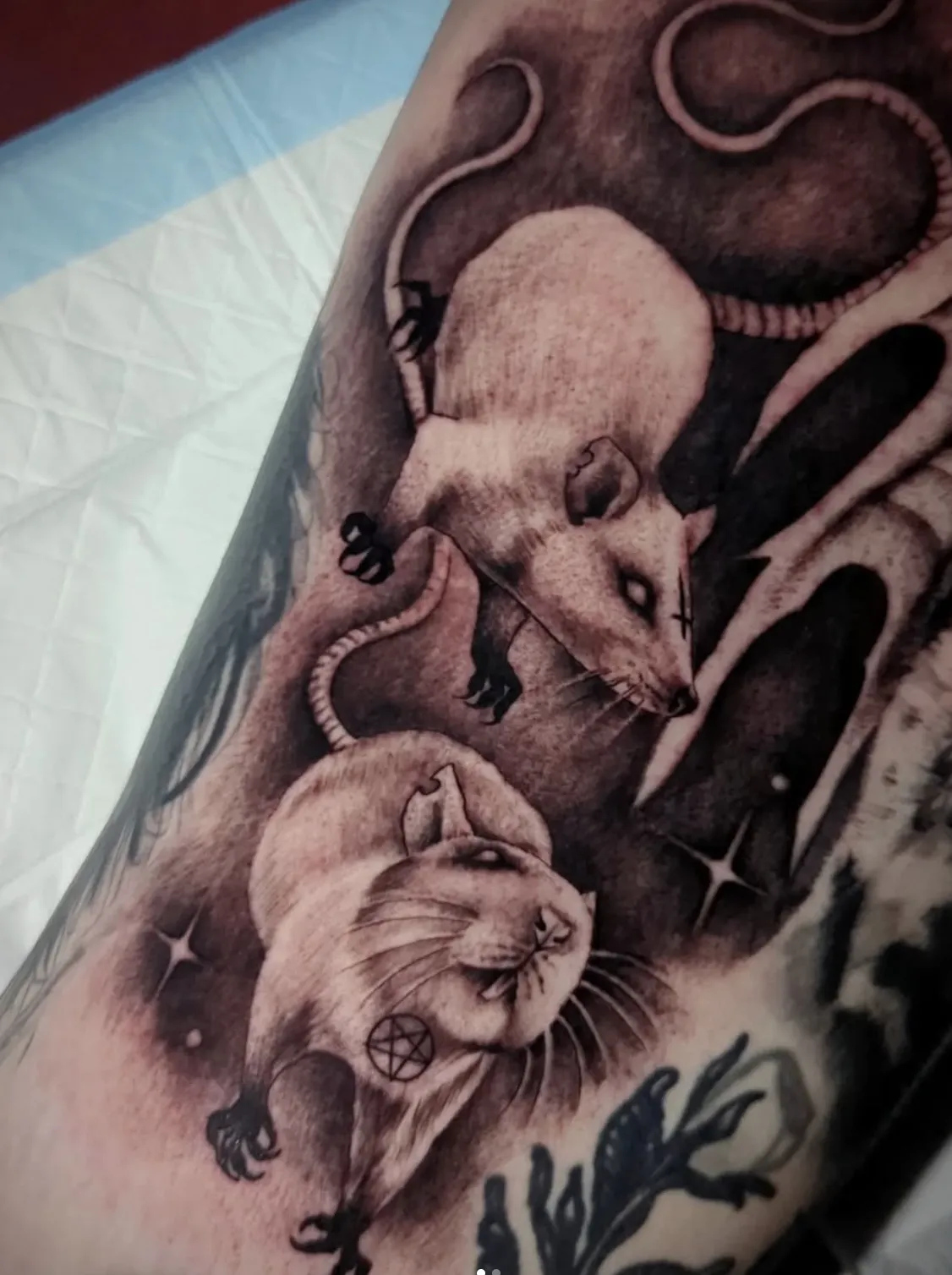 Realistic black and grey rat portrait tattoo with detailed fur textures